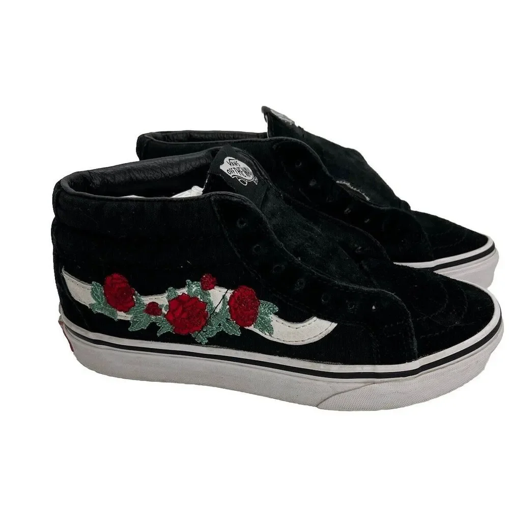 VANS SK8-Mid Black Embroidered Rose Skate Sneakers Shoes Women's‎ 5.5
